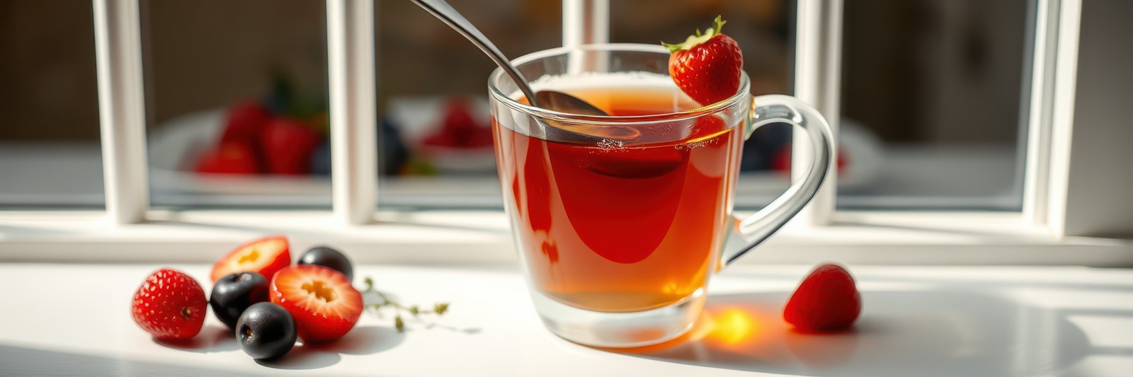 Warm beverage in a transparent cup alongside fresh strawberries and blueberries on a sunlit windowsill